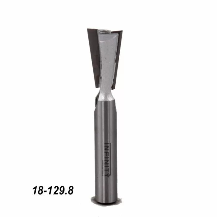 Carbide-tipped dovetail router bit with straight shank on white background, woodworking tool.