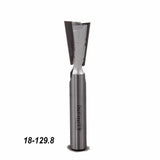 Carbide-tipped dovetail router bit with straight shank on white background, woodworking tool.