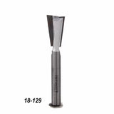 Dovetail router bit with steel shank for woodworking, product number 18-129 on white background.