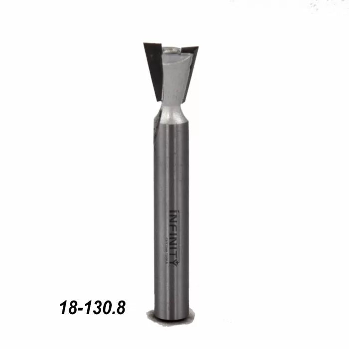 Dovetail router bit with sharp carbide blades for woodworking, photographed on white background