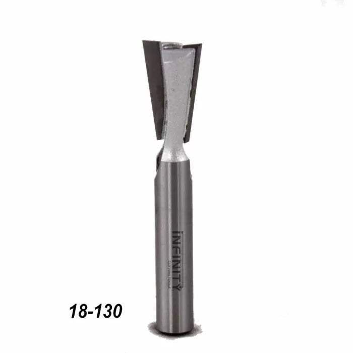 Dovetail router bit with sharp angled cutting edges, labeled 18-130 for woodworking