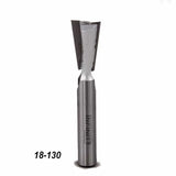 Dovetail router bit with sharp angled cutting edges, labeled 18-130 for woodworking