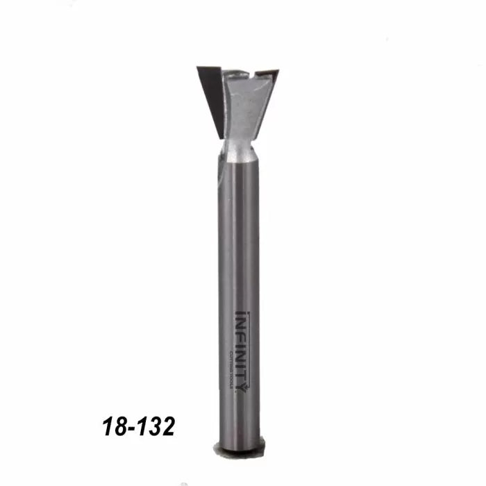 Dovetail router bit for woodworking, metal shank, isolated on white background, model 18-132.