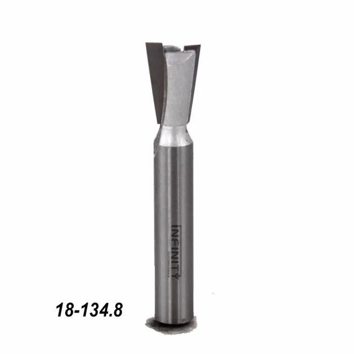 Carbide-tipped dovetail router bit for woodworking, isolated on white background.