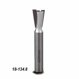 Carbide-tipped dovetail router bit for woodworking, isolated on white background.