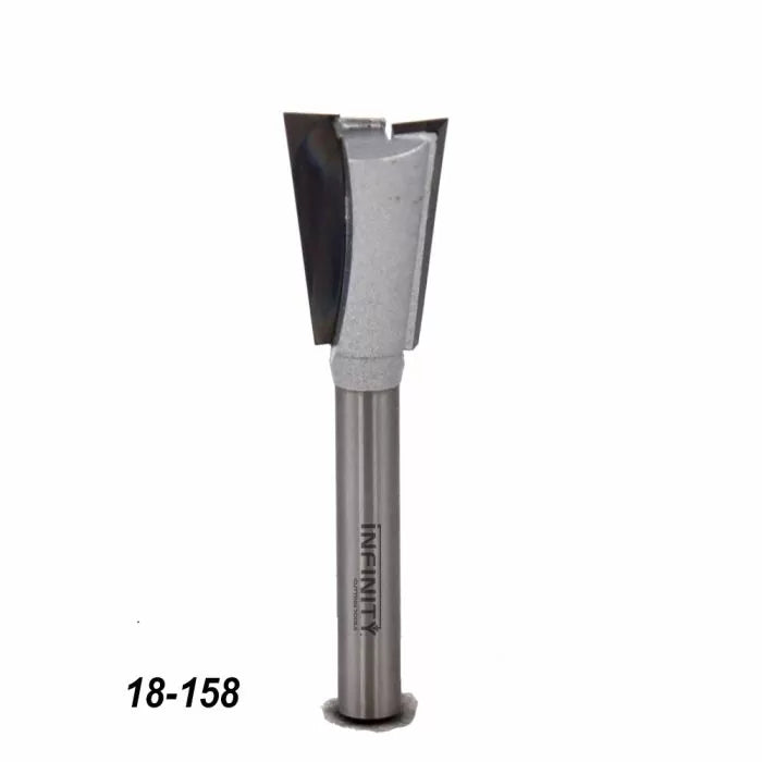 Carbide-tipped dovetail router bit for woodworking, marked 18-158 on white background.