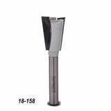 Carbide-tipped dovetail router bit for woodworking, marked 18-158 on white background.