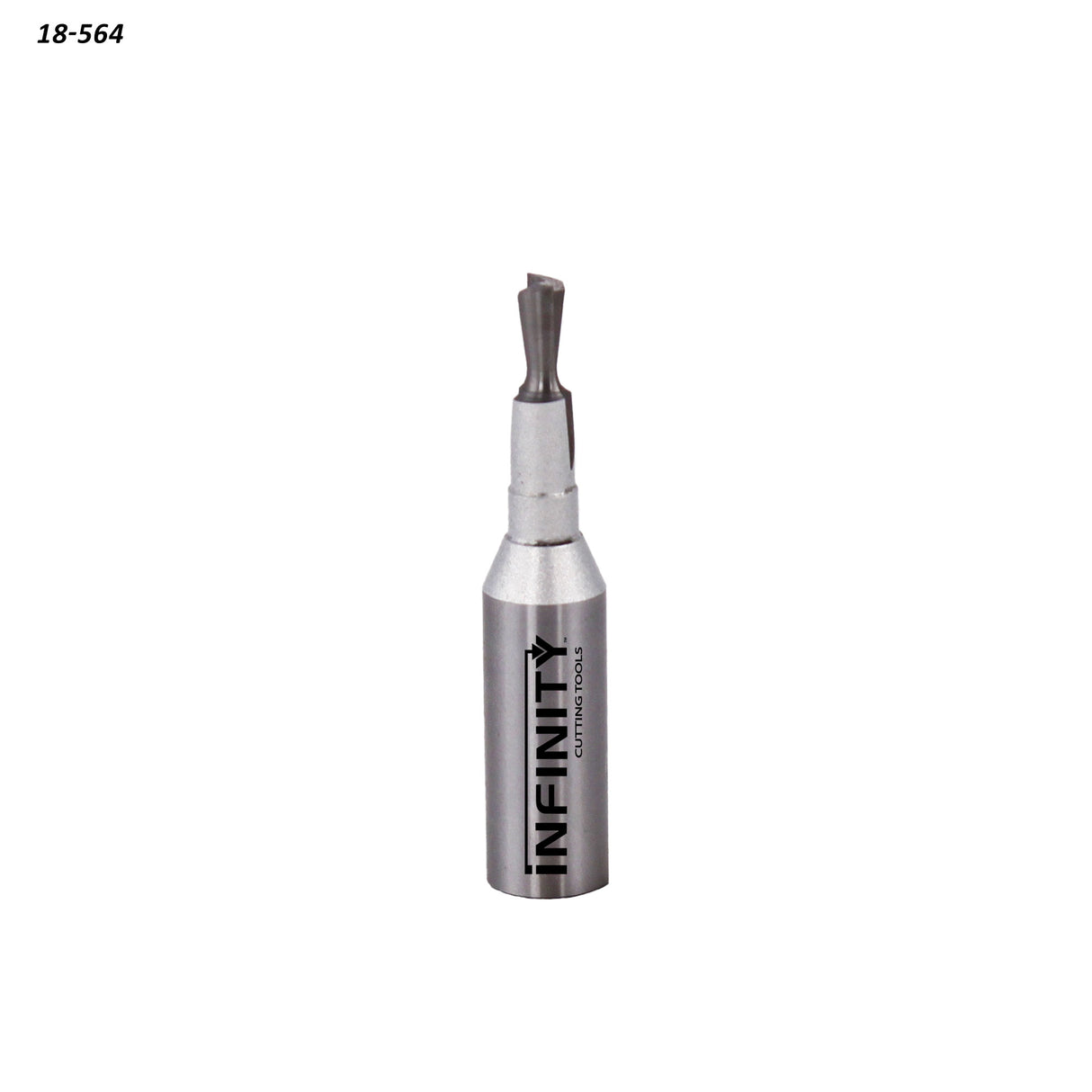Straight carbide router bit with metal shank for woodworking on white background