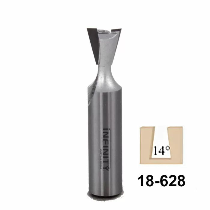 14-degree dovetail router bit for woodworking, model number 18-628, on white background