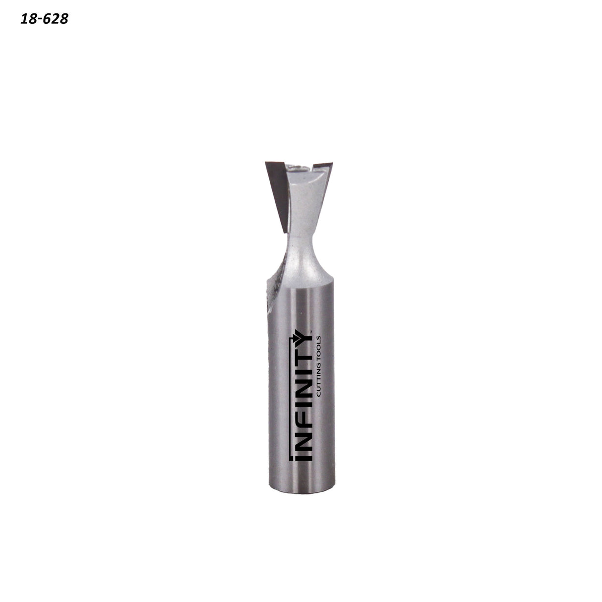 Dovetail router bit with sharp carbide blade for woodworking on a white background.