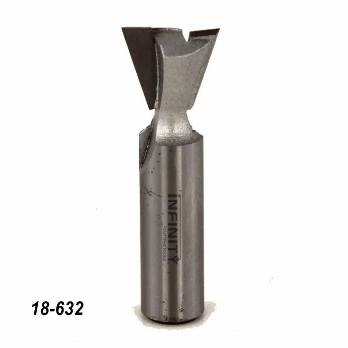 Dovetail router bit with sharp steel blades for woodworking, product number 18-632.