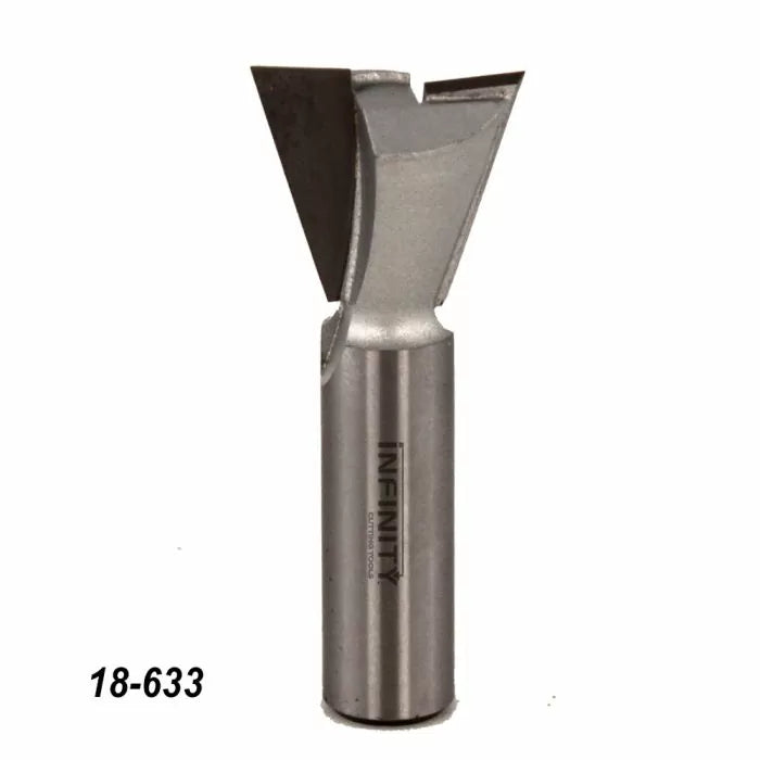 Carbide-tipped dovetail router bit for woodworking on white background, number 18-633.