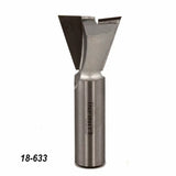 Carbide-tipped dovetail router bit for woodworking on white background, number 18-633.