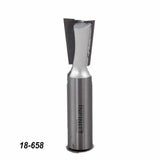 Carbide-tipped dovetail router bit for woodworking on white background, item 18-658.