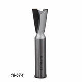 Carbide-tipped dovetail router bit for woodworking, isolated on white, model 18-674.
