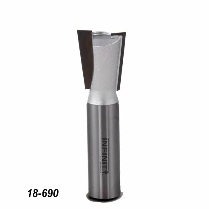 Carbide-tipped dovetail router bit with sharp angled cutting edges on white background