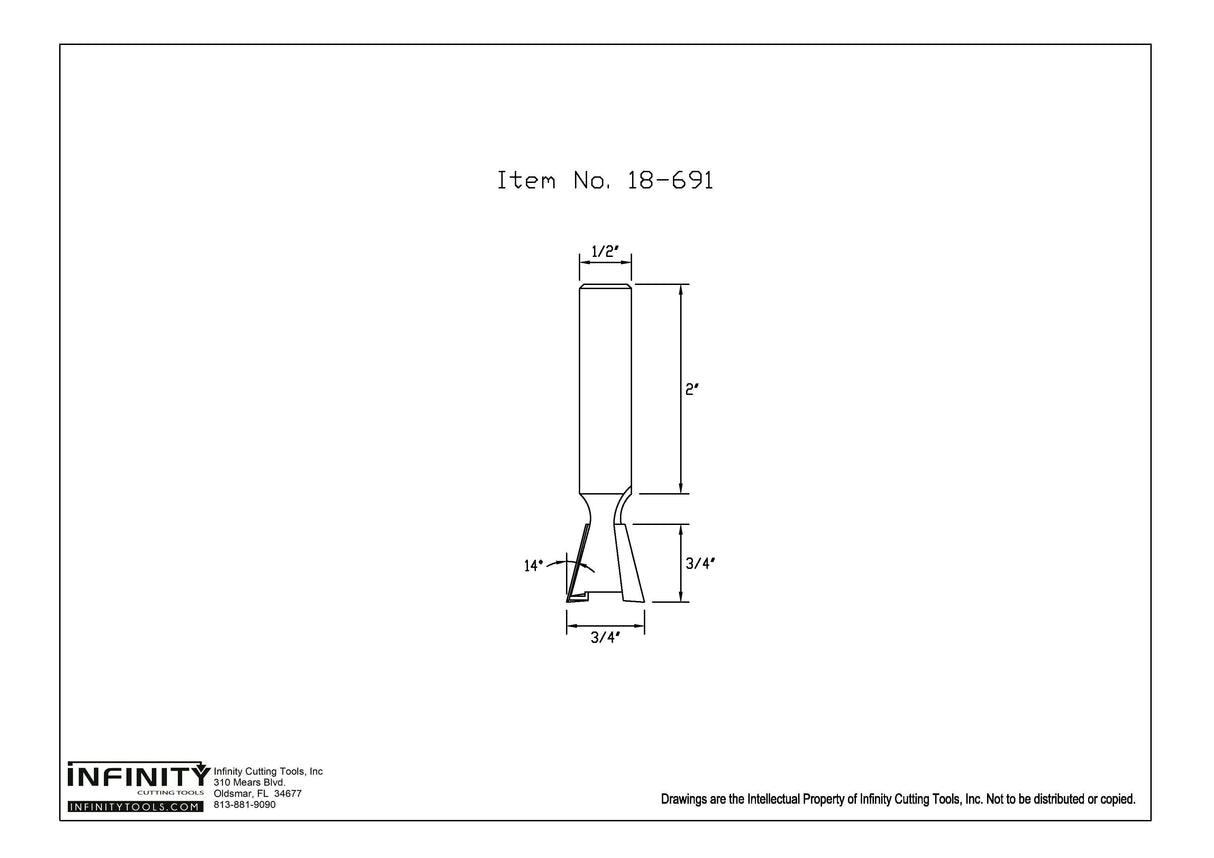 Technical drawing of woodworking router bit, 1/2 inch shank, item 18-691, with measurements.