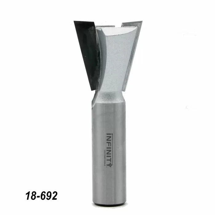 Carbide dovetail router bit with angled blade on white background, item 18-692