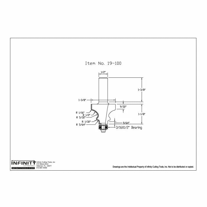 Router bit technical drawing with detailed dimensions and labeled bearings for woodworking.