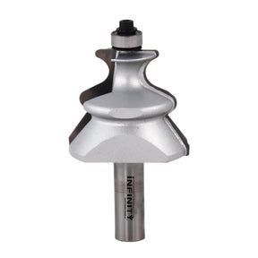 Woodworking router bit with ball bearing guide and intricate steel cutting edges