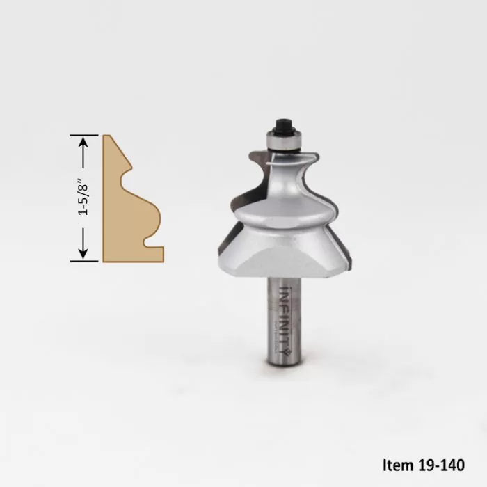 Crown molding router bit with 1-5/8 inch profile and decorative edge, woodworking tool.