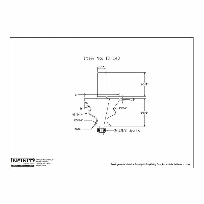 Technical diagram of woodworking router bit with dimensions and bearing size labeled.