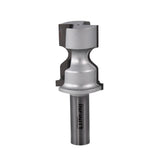Carbide-tipped router bit with complex profile for woodworking, isolated on white background