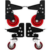 Set of four heavy-duty red and black workbench casters with metal brackets for woodworking.