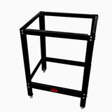 Black metal router table stand frame with adjustable feet for woodworking
