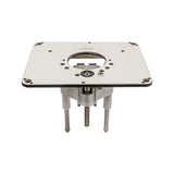 Router lift system with metal plate and adjustment dial for woodworking router tables