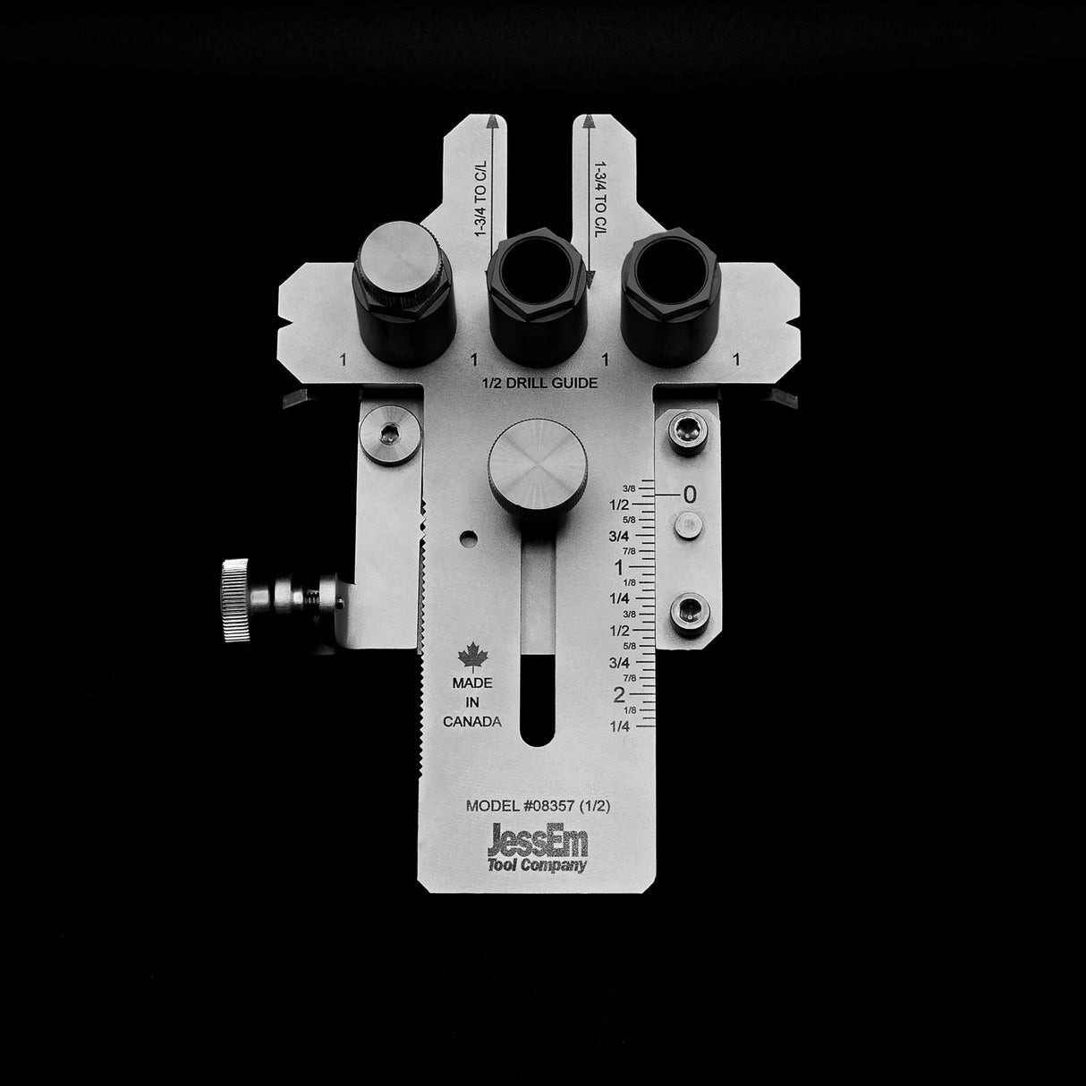 Precision metal drill guide jig with measurement markings and adjustment knobs for woodworking