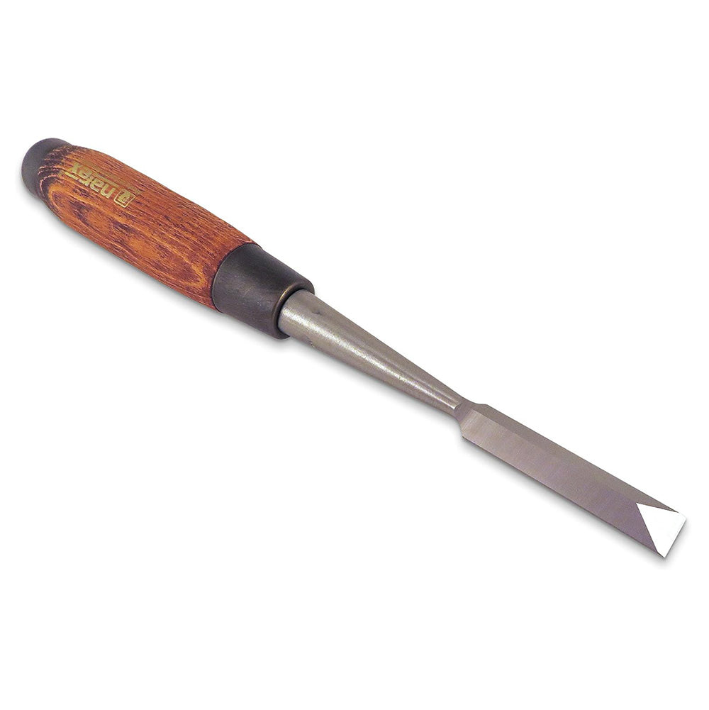 Woodworking dovetail chisel with steel blade and wooden handle on white background