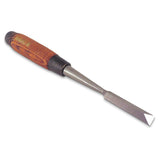 Woodworking dovetail chisel with steel blade and wooden handle on white background
