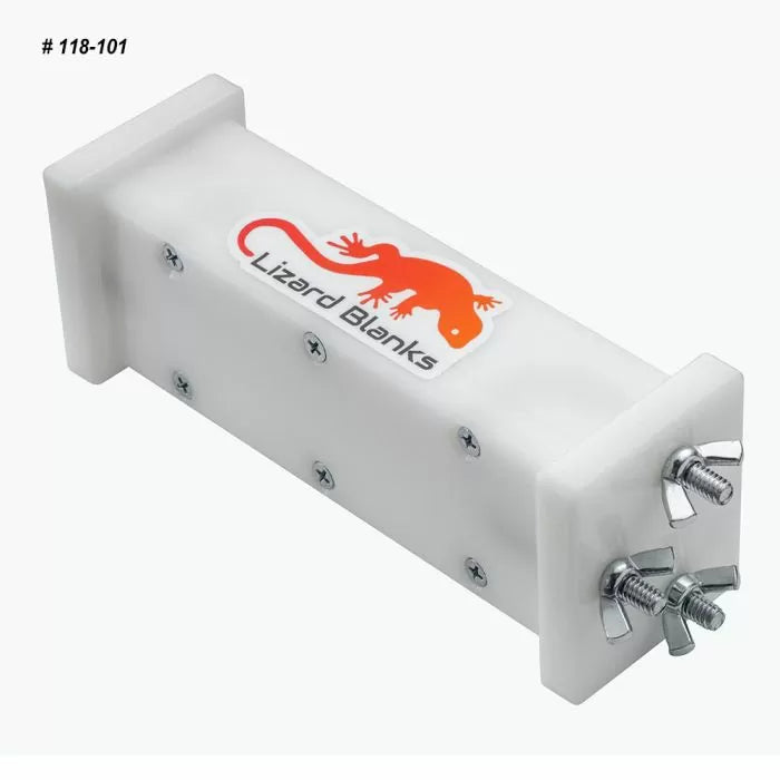 Acrylic resin casting mold for woodworking, white with screws and 'Lizard Blanks' logo.