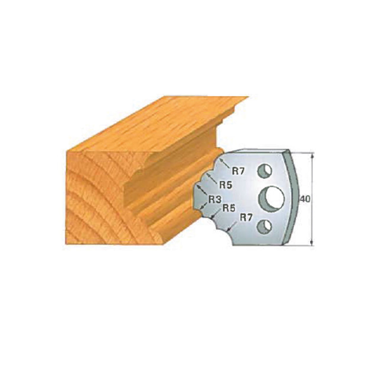 Woodworking molding cutter profile diagram showing metal blade and cut wood sample