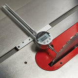 Digital gauge measuring alignment of table saw blade, woodworking tool on metal surface