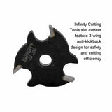 Three-wing slot cutter with anti-kickback design for precise woodworking cuts