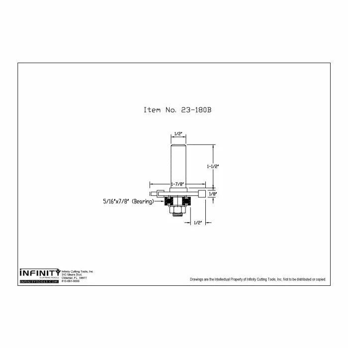 Technical drawing of router bit with dimensions, bearing size marked as 5/16x7/8, item 23-180B