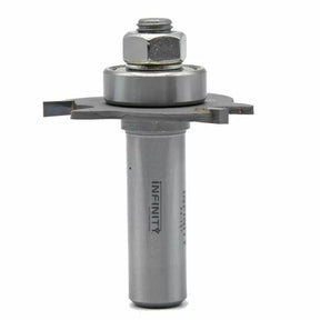 Groove cutting router bit with bearing for woodworking, isolated on white background.