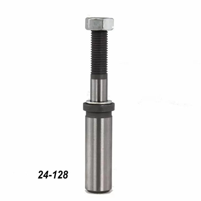 Steel woodworking router lift spindle with threaded bolt, part number 24-128