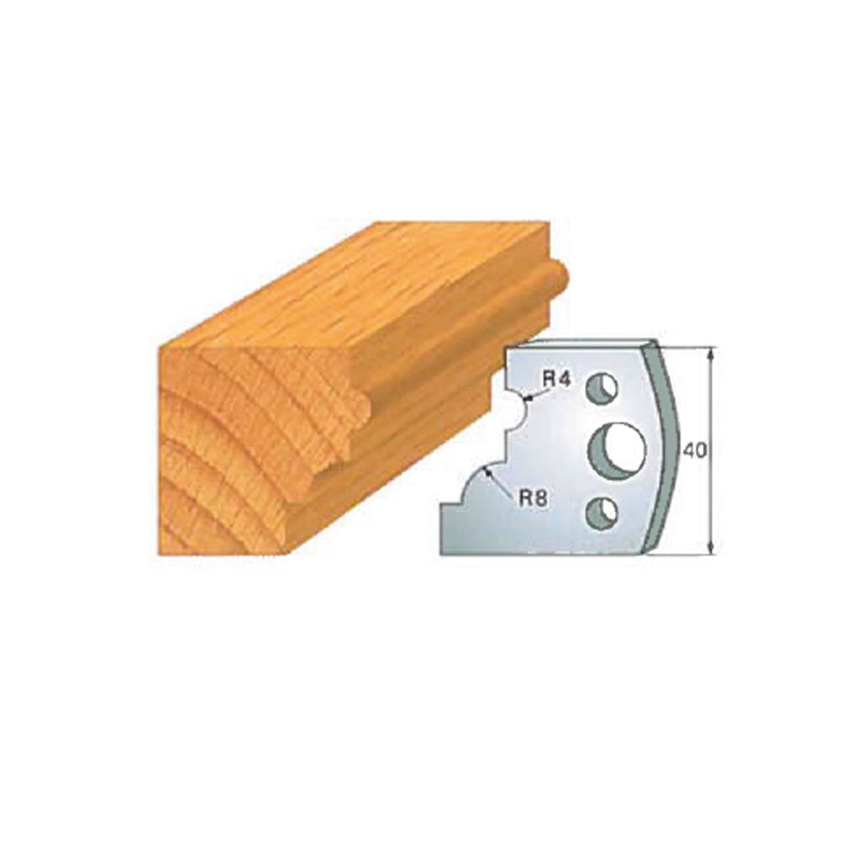 Woodworking molding cutter profile with radius measurements and sample wood cut