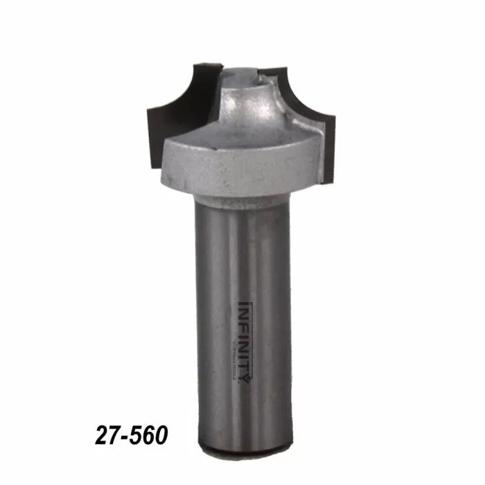 Woodworking router bit with steel shank and number 27-560, isolated on white background.