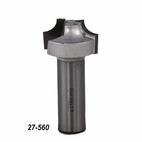 Woodworking router bit with steel shank and number 27-560, isolated on white background.