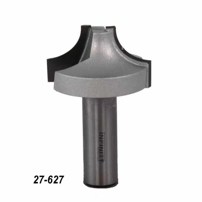 Carbide woodworking roundover router bit with steel shank labeled 27-627 on white background