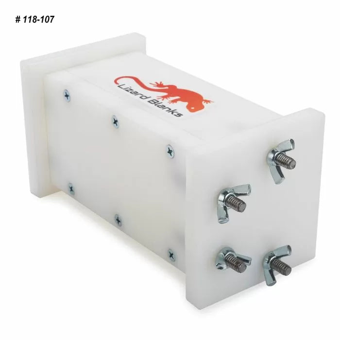 Acrylic resin casting mold with screws and Lizard Blanks logo for woodworking projects
