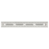 Stainless steel woodworking ruler with metric and inch measurements, precision markings, and guide holes.