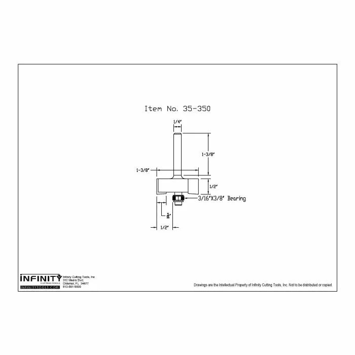 Technical drawing of a woodworking router bit with dimensions and bearing labeled, item 35-350.