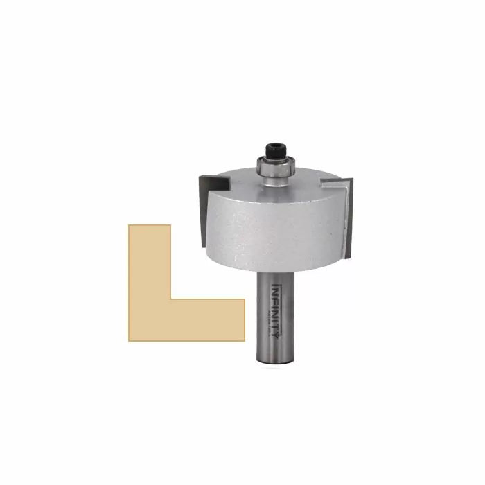 Large diameter rabbeting router bit with bearing for woodworking, shown with sample profile cut.