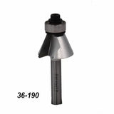 Chamfer router bit for woodworking, metal shaft, part number 36-190, isolated on white background.