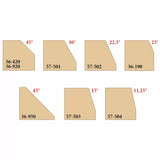 Woodworking chamfer profiles with labeled angles and part numbers for router bits
